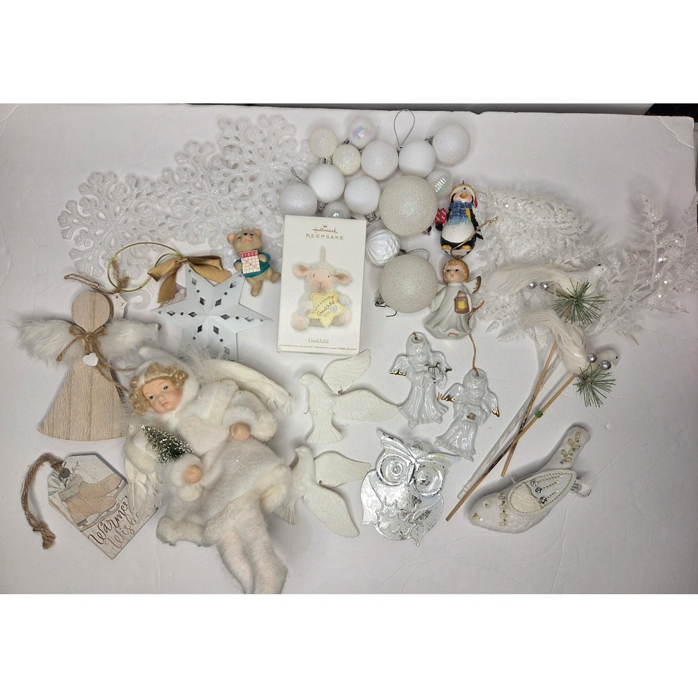 White Christmas Ornament Lot Hallmark Keepsake Angel Bird Snowflake Decor Set